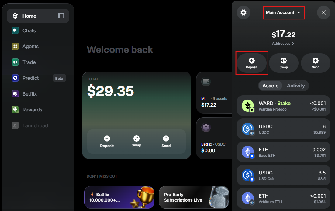 Deposit funds to the main account in Warden