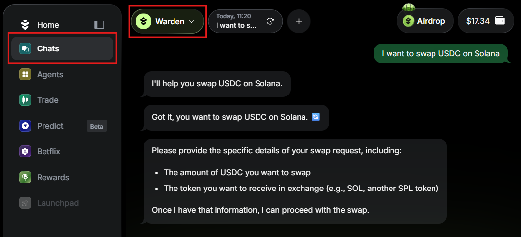 Send or swap assets using the Warden Agent